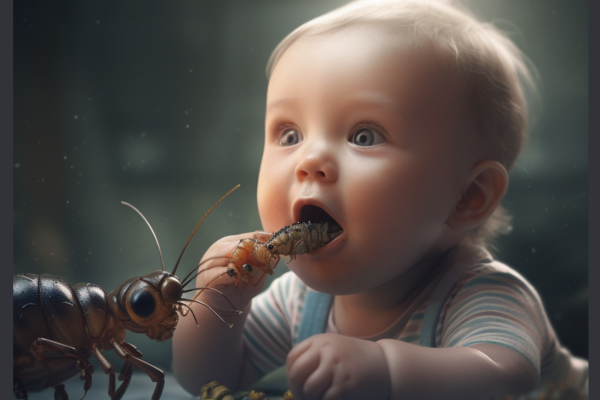 AI generated photo of Baby eating bugs